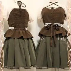 【2点セット】ビスチェ風トップス、編み上げリボンキュロットスカート★axes