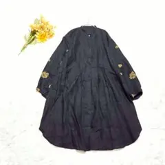 【刺繍】シャツワンピース　チュニックブラウス　ブラック　オールシーズン