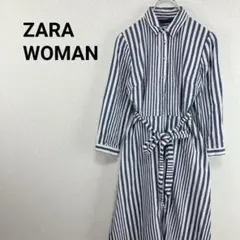 ◇ザラウーマン【S】シャツワンピース　ロング　ストライプ柄　ウエストリボン　長袖のサムネイル