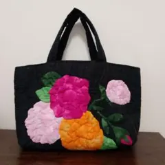 ハワイアンキルト 花柄パッチワークリバーシブルトートバッグ ハンドメイド