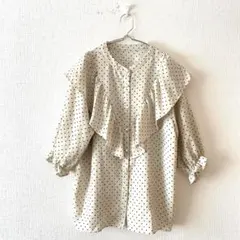 ☆ブラウス ドット柄 フリル 袖口ゴム フルボタン 七分袖 M
