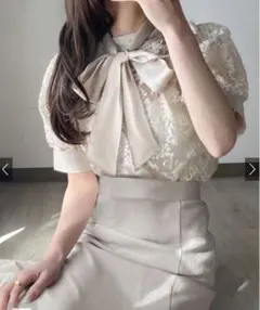 ボウタイ付き花柄刺繍オーガンジーブラウス[tu586] GRL