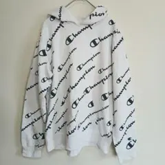 ​【XL】チャンピオン 総柄 プルオーバー パーカー 白 古着 ゆるだぼ