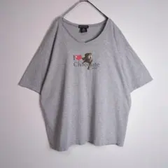 Tシャツ (XL) 大きめサイズ ゆるダボ プリントデザイン 犬 グレー系 古着