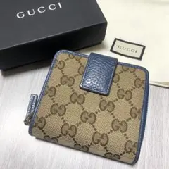GUCCI 二つ折財布 GG柄 ブルー GGキャンバス 美品