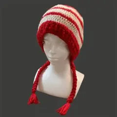 バラクラバ　ボンネット　ハンドメイド　ストライプ　編み物　ニット帽