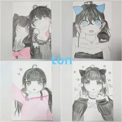 小6 ton 手描きイラスト「まとめ売り③」4点セット はがきサイズ