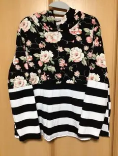 大きいサイズ☆花柄ストライプフード付き長袖トップス