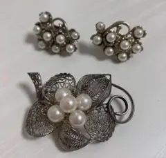 【2点セット】　イヤリング　ブローチ　ヴィンテージ　パール　アンティーク