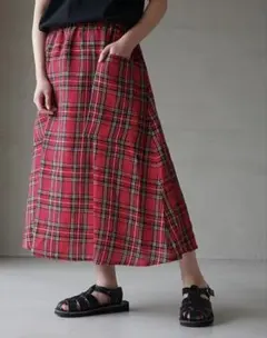 【美品】オールドマンズテーラー リネンタータンギャザースカート レッド R&D.M.Co- コットンシルク タータンチェック ギャザー スカート