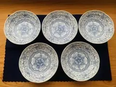 龍峰窯 花鳥図 染付 中鉢揃 5枚セット 中皿 輪花皿 古伊万里 更紗