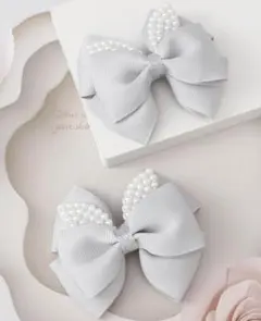 パール付きリボン ヘアクリップ 2個セット グレー シルバー調