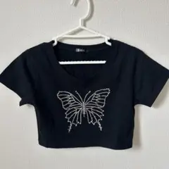 SUREVE 蝶ストーン装飾 ブラック クロップドTシャツ M