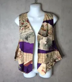 個性派　リバーシブル　能面・扇柄＆アジアンテイスト　ベスト　ジレ　古着