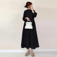レトロ　水玉　総柄　ワンピース　スタンドカラー　ぽわん袖　体型カバー　黒　長袖