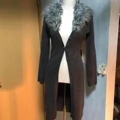 美品 グレー ファー付き ニットコーディガン