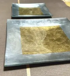 金箔と銀箔のガラススクエアプレート 大皿27cm　中皿20cm
