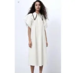 ● ZARA レース襟　ビッグカラー　ロングシャツワンピース　M相当