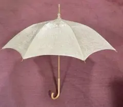 【晴雨兼用 長傘】麻混 繊細 高級感 豪華刺繡 木製 雨傘　ベージュ