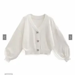 リボンビジューシアーニットカーディガン カーディガン ニット ホワイト 新品 F