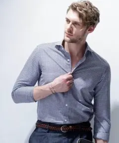 超美品 ナノライブラリー リネン混 ギンガム ドレスシャツ 戸賀敬城