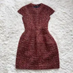 極​美品 ヨーコチャン ツイードバルーンワンピース 36 ネイビー 半袖 