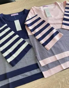 ボーダー柄 五分袖・トップス 2点セット　tl327