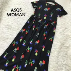 ASQS WOMAN　プラントポット柄ロングワンピース　ブラック　海外　L