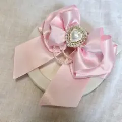 【ヘアクリップ】キッズ ハンドメイド サテン リボン パール 薄ピンク