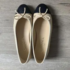 【極美品】【裏張り済み】CHANEL バレリーナ 34.5 ベージュ・黒 極美品】【裏張り済み】CHANEL バレリーナ 34.5 ベージュ・黒