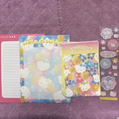 ハローキティ レターセット 青とオレンジ　花　中古