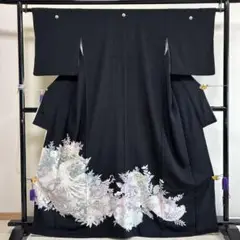 ■E5189■美品■正絹縮緬■藤色　鳳凰柄　刺繍　袷　黒留袖■丈165　裄65
