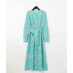グレースコンチネンタル　フラワープリントロングシャツワンピース　ブルーグリーン
