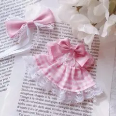 10～12cm ぬい服 ピンクのギンガムチェックのワンピース
