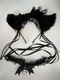 猫の耳カチューシャ リボン＆ベルネックレス パーティー、ハロウィン、コスプレ