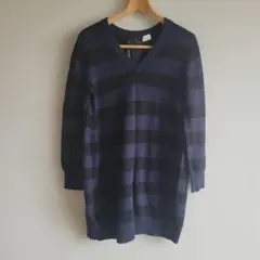 MELROSE 青と黒のストライプ Vネックニットチュニック