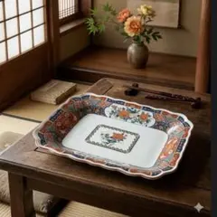 상태좋음 有田焼 山徳窯 大皿 長角皿 扇面花鳥紋 色絵 金彩 飾り皿 飾皿