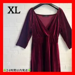 Vネック フレアワンピース 長袖 膝丈 美ライン パーティードレス