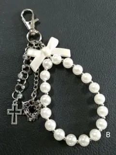 フェアリーグランジキーホルダーB　リボン　　パールストラップ　スマホキーホルダー