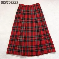NEWYORKER タータンチェック　プリーツスカート　ウール　レトロ　M　赤