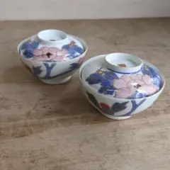 骨董 蓋付き茶碗 蝶々に牡丹 染め付け 茶碗 器 陶器 アンティーク 2つ