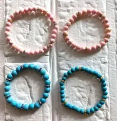 ターコイズビーズ、ブレスレット 4個セット　【ブルー・ピンク】