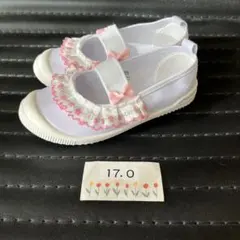 上履きデコ　上靴バレーシューズ17センチ　ピンクフラワーフリルレース　リボン