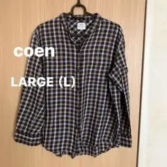 coen コーエン チェック柄長袖シャツ ブラウン系 Lサイズ スタンドカラー