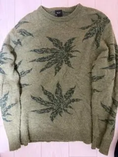 304【美品】HUF ハフ　ニットセーター　マリファナ柄　大麻柄　カーキ　Lのサムネイル