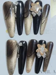 B6星型装飾のブラックゴールドネイルチップSサイズ10個セット