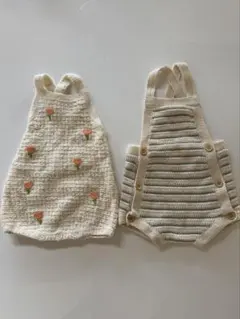 ザラベビー　アイボリー 花柄刺繍 ニットサロペット 2点セット