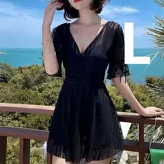 匿名配送 レース ワンピース水着 大きいサイズ L 黒 体型カバー