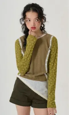 異素材パネルデザイン ロンT TINA：JOJUN カーキ