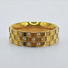 14号　K18CT チェック柄ゴールドリング　CZダイヤ　大ぶり×上品ゴージャス